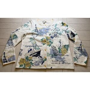 Christopher & Banks Women Knit Cardigan Eiffel Tower Paris Italy Graphic Print L